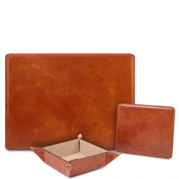 Tuscany Leather Premium Office Set - Leather desk pad with inner compartment, mouse pad and valet tray